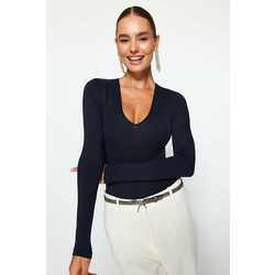 Trendyol Navy Blue Knitted Deep V Neck Studded Bodysuit