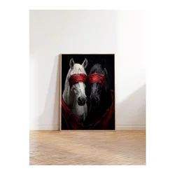 WallXpert uramljena slika 115189, beli i crni konj sa crvenim povezima preko očiju, 50 x 70 cm, ram u boji prirodnog drveta