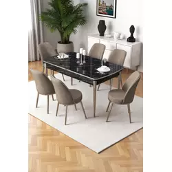 HANAH HOME Rasklopivi trpezarijski sto i stolice (7 delova) Nira Black Marble Chrome Cappuccino