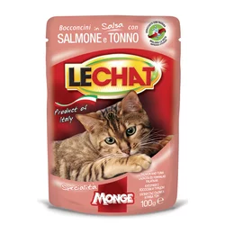 LeChat Vlažna hrana za mačke, Tuna i losos u sosu, 100gr