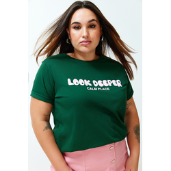 Trendyol Curve Dark Green Slogan Printed Boyfriend Knitted T-shirt