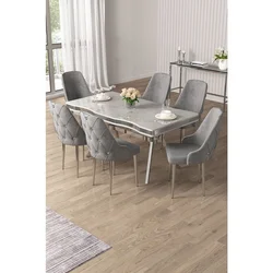 Hanah Home trpezarijski set Vae, sto i 6 stolica, ploča u dekoru belog mermera, hromirane noge, siva tkanina Babyface