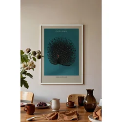 WallXpert uramljena slika 115211, The Black Peacock Ohare Kosona, crni paun, tirkizna pozadina, 30 x 40 cm, beli ram
