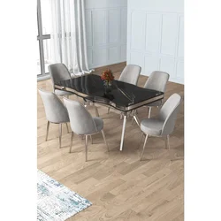 Hanah Home trpezarijski set Prah, sto i 6 stolica, ploča u dekoru Sonata, hromirane noge, siva tkanina Babyface