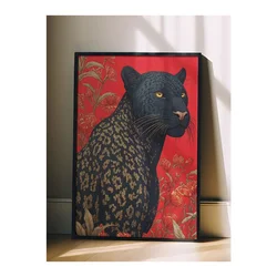 WallXpert uramljena slika 115269, crni panter sa cvetnim motivima na crvenoj pozadini, 30 x 40 cm, crni ram