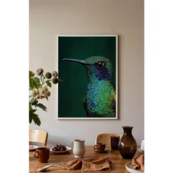WallXpert uramljena slika 115245, kolibri u zelenim i plavim tonovima na tamnozelenoj pozadini, 50 x 70 cm, beli ram