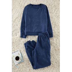 Trendyol Navy Blue Polka Dot Fleece Winter Knitted Pajamas Set