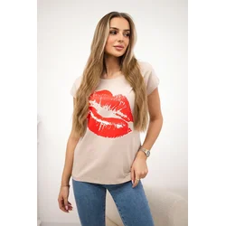 Blouse with beige lip print