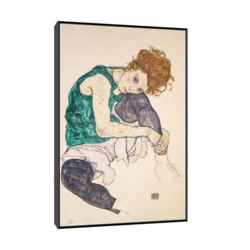 Canvas Slika na platnu Seated Woman with Bent Knees, Egon Schiele, Sa ramom, 30 x 45 cm, Crni