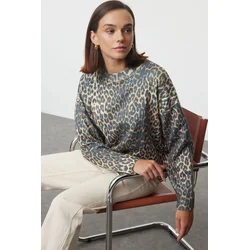 Trendyol Black Leopard Pattern Printed Crew Neck Knitwear Sweater