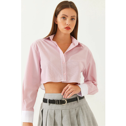 Bianco Lucci Womens Asymmetric Striped Cuff Detail Crop Shirt 4451