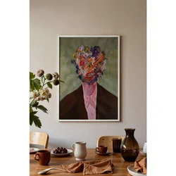 WallXpert uramljena slika 115194, apstraktni portret sa licem od šarenih poteza boje na zelenoj pozadini, 50 x 70 cm, beli ram