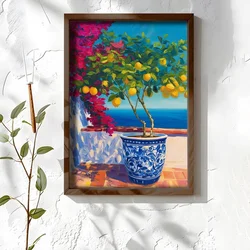 WallXpert uramljena MDF slika NAL114-46, limunovo drvo u plavo-beloj saksiji na terasi iznad mora, 35,5 x 47 cm