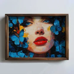 WallXpert uramljena MDF slika NAL169-70, ženski portret sa crvenim usnama među plavim leptirima, 50 x 70 cm