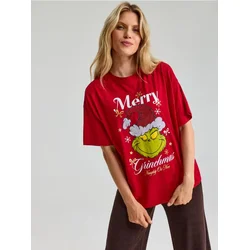 Sinsay - Pamučna Majica Sa Grinch Printom - crvena