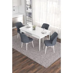 Hanah Home trpezarijski set Eva, sto na razvlačenje i 4 stolice, bela ploča, dimno siva tkanina Babyface