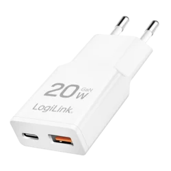 Logilink punjač 2 porta, 1 x USB type c, 1 x USB A, 20W, GaN, slim, bela