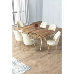 Hanah Home trpezarijski set Prah, sto i 6 stolica, ploča u dekoru Hazar, zlatne noge, krem tkanina Babyface