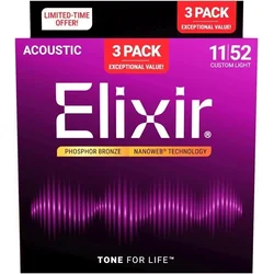 Elixir 16568 Nanoweb 11-52 3-Pack Strune za akustično kitaro