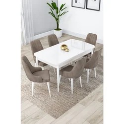 Hanah Home trpezarijski set Lia, sto na razvlačenje i 6 stolica, bela ploča, kapućino tkanina Babyface