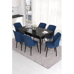 Hanah Home Set Trpezarijski sto i 6 stolica Eva, Plavo-crni
