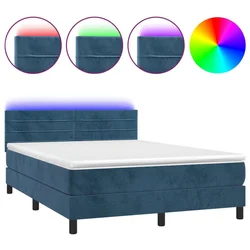 Vidaxl Box spring postelja z vzmetnico LED temno modra 140x190cm žamet
