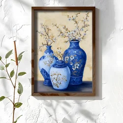 WallXpert uramljena MDF slika NAL126-46, plave porcelanske vaze sa rascvetalim granama, 35,5 x 47 cm