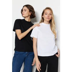 Trendyol White-Black 2-Pack 100% Cotton Basic Stand-Up Collar Knitted T-Shirt