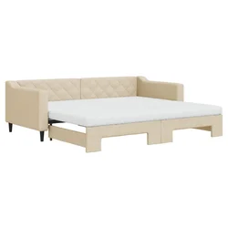 Vidaxl Izvlečna dnevna postelja z vzmetnicami krem 90x200 cm blago