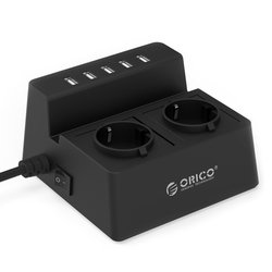 Prenaponska zaštita ORICO, 2 utičnica + 5 USB port, crni