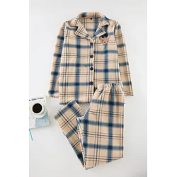 Trendyol Navy Blue Embroidered Plaid Polar Fleece Knitted Pajamas Set