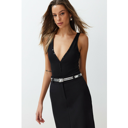 Trendyol Black Fitted V Neck Ribbed Flexible Snaps Knitted Body