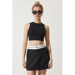 Happiness Istanbul Womens Black Contrast Line Knitted Shorts Skirt