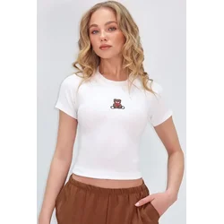 Trend Alacati Stili Ženska bluza kratkih rukava Alc-X13672, Okrugli izrez, Bela