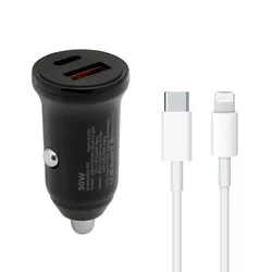 Auto Punjač 30W USB-A + Type-C ulaz sa Type-C na Lightning kablom/ siva