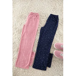 Trendyol Pink-Navy 2-Pack Star and Heart Patterned Polar Fleece Knitted Pajama Bottoms