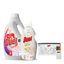 DUEL set Tečni deterdžent Universal 2.45l, DUEL omekšivač Baby Care 1.6l i dečija pernica sa bojicama