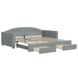 Vidaxl Izvlečna dnevna postelja s predali svetlo siva 100x200 cm blago