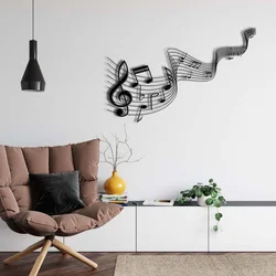 WallXpert metalni zidni ukras 5381, violinski ključ i note na talasastim notnim linijama, 75 x 32 cm, crni