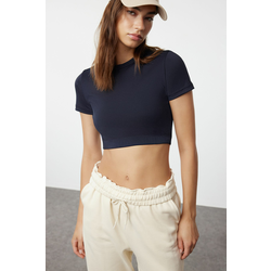 Trendyol Dark Navy Blue Crop Lightly Supported Soft Textured Crew Neck Knitted Sports Top/Blouse