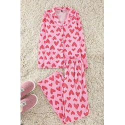 Trendyol Pink 100% Cotton Leopard Heart Patterned Shirt Pants Knitted Pajama Set