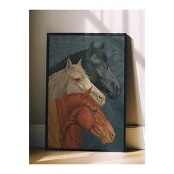 WallXpert uramljena slika 115196, tri konja, crni, beli i riđi, na tamnoplavoj pozadini sa lišćem, 30 x 40 cm, crni ram