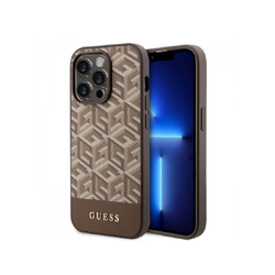 GUESS Maska za iPhone 14 Pro, Gcube PU Stripes, MagSafe, Braon