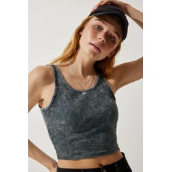 Happiness Istanbul Womens Anthracite Barbell Neck Washed Crop Knitted Blouse