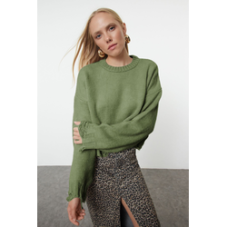 Trendyol Khaki Crop Super Wide Pattern Soft Texture Knit Sweater