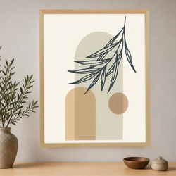 WallXpert uramljena slika na platnu Cc-D-Ah-1044, grana sa listovima preko lukova i kruga u bež tonovima, 45 x 60 cm