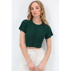 Trend Alacati Stili Ženska bluza kratkih rukaa Alc-X11782, Okrugli izrez, Zelena