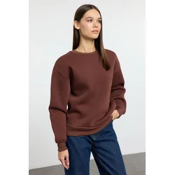 Trendyol Brown Thick Polar Fleece Regular/Normal Pattern Crew Neck Basic Knitted Sweatshirt