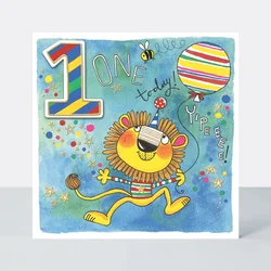 Rachel Ellen Čestitka Age 1 Lion with balloon