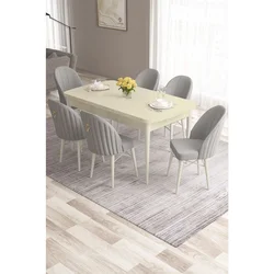 Hanah Home trpezarijski set Roz, sto na razvlačenje i 6 stolica, krem ploča, bele noge, siva tkanina Babyface